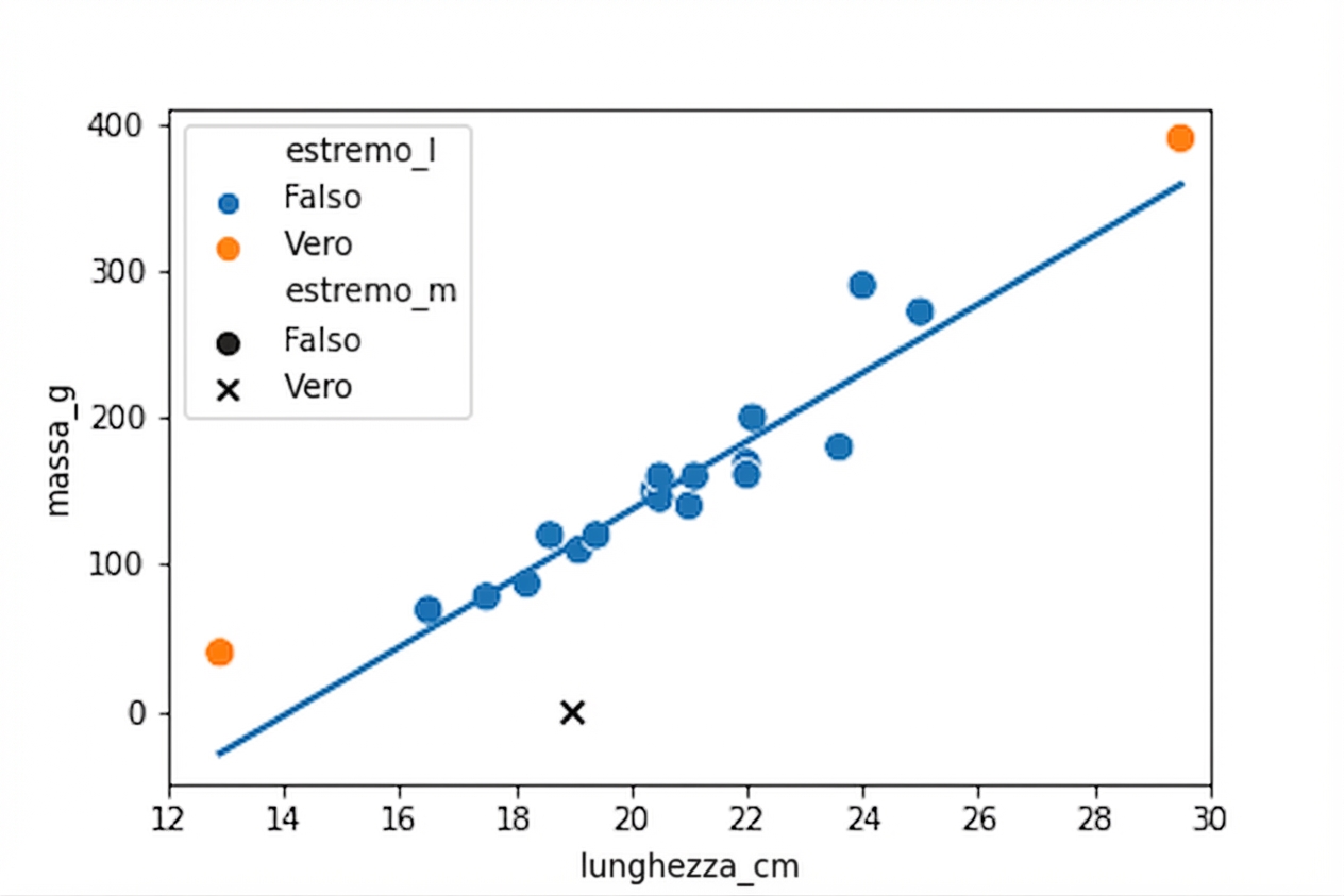 Uno scatter plot delle masse delle scardole rispetto alle lunghezze, con una linea di tendenza. La maggior parte dei punti è blu, ma una scardola molto corta e una molto lunga sono arancioni. La maggior parte dei punti è un cerchio, ma un punto che rappresenta un pesce con massa zero è una croce.