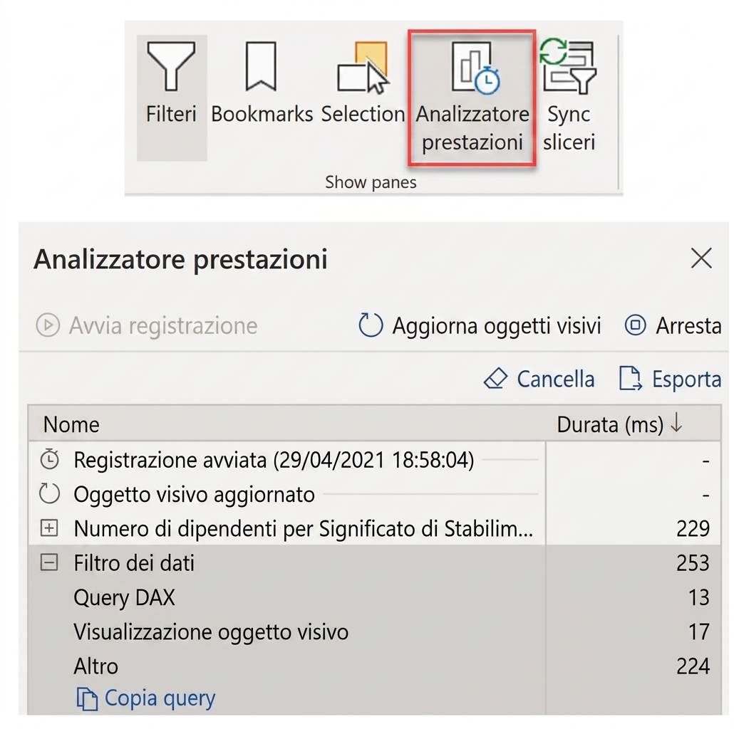 Schermate del Performance Analyzer in Power BI