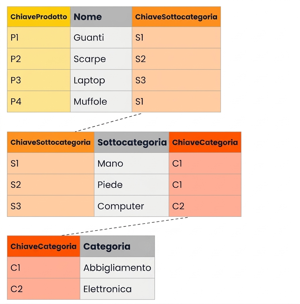 Tabelle di esempio per gerarchia prodotto in uno schema a fiocco di neve