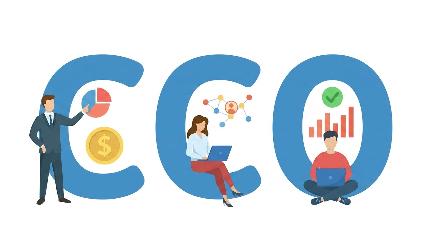 Immagine cartoon delle lettere CCO, con visual e persone intorno.