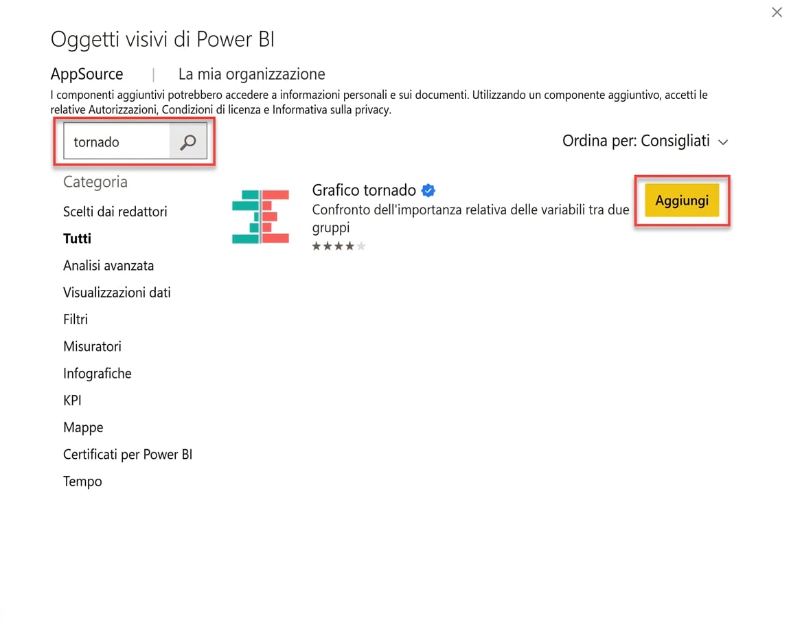 Aggiunta di un tornado chart a Power BI tramite Microsoft AppSource