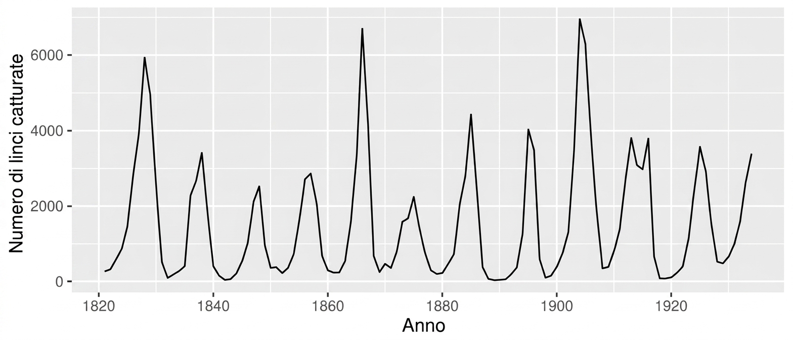 Un grafico a linee di serie temporale che mostra un andamento di salite e discese nei dati.