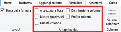 Schermata di Power Query con la scheda View selezionata e le funzionalità di anteprima dati evidenziate