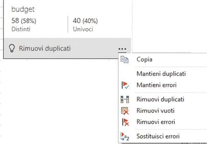 Schermata del menu contestuale che appare passando il mouse su qualità colonna