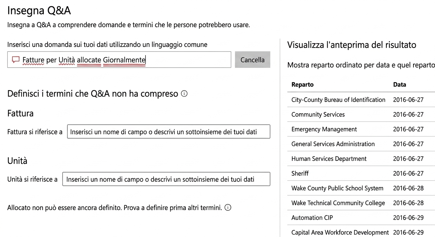 Aggiunta di nuovi termini tramite la funzionalità Teach Q&A
