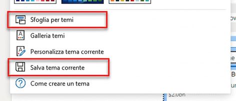 Opzioni di importazione ed esportazione per temi personalizzati.