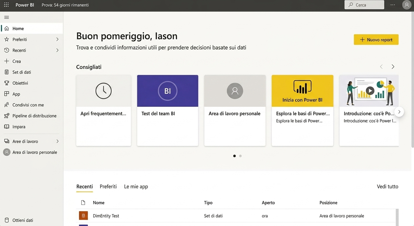 Home page di Power BI Service