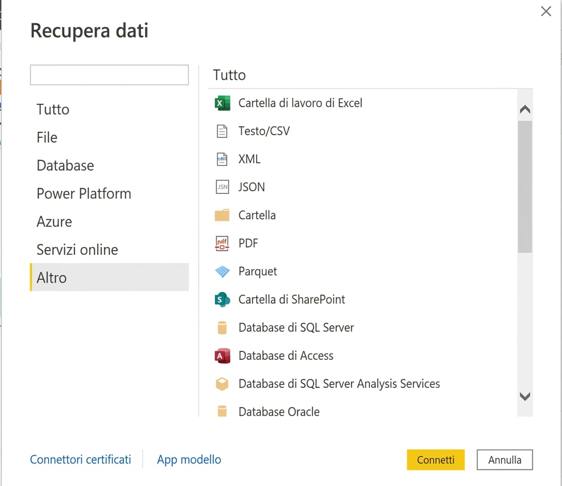 Menu Ottieni dati in Power BI Desktop
