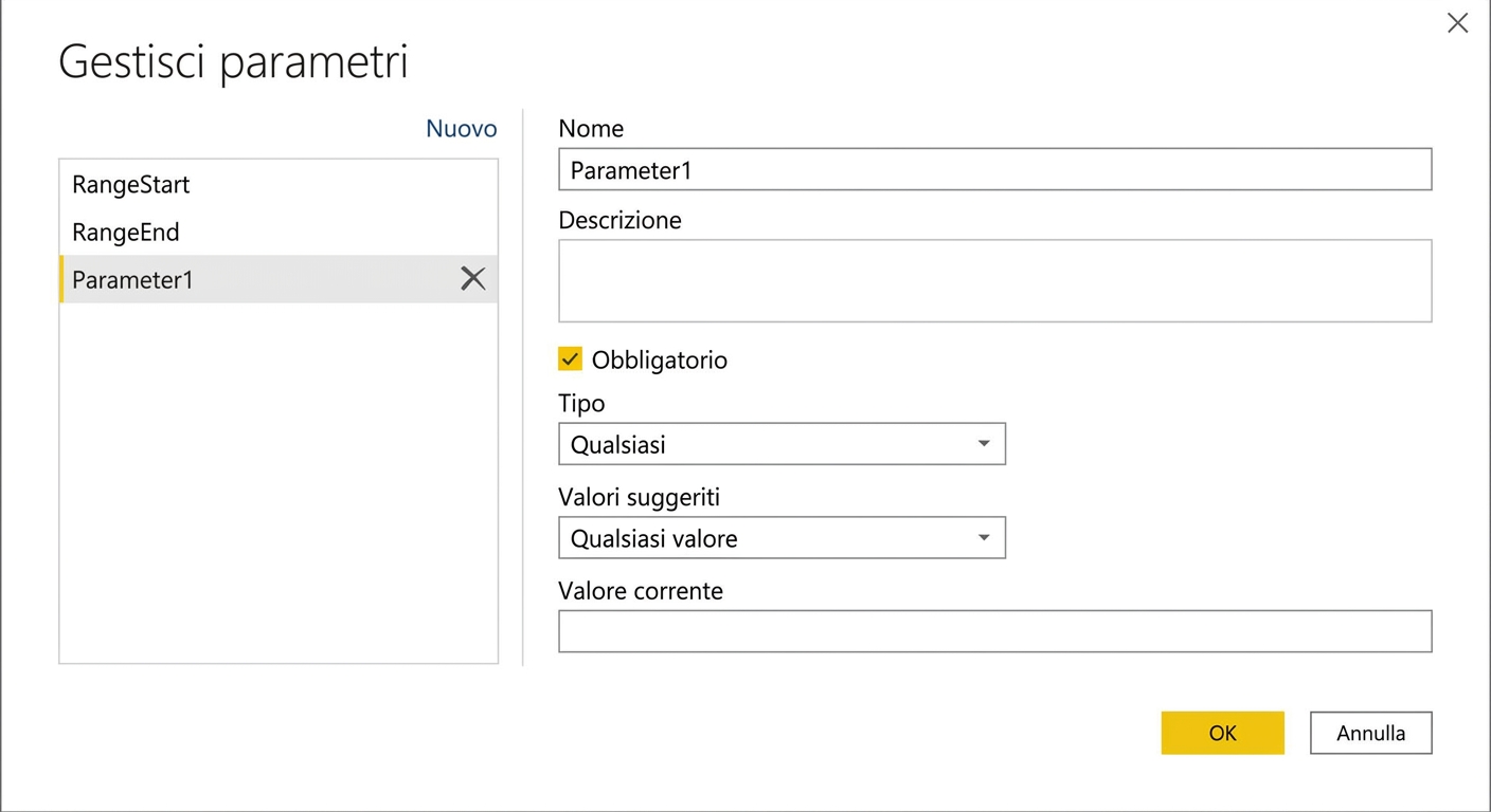 Finestra di impostazione parametri