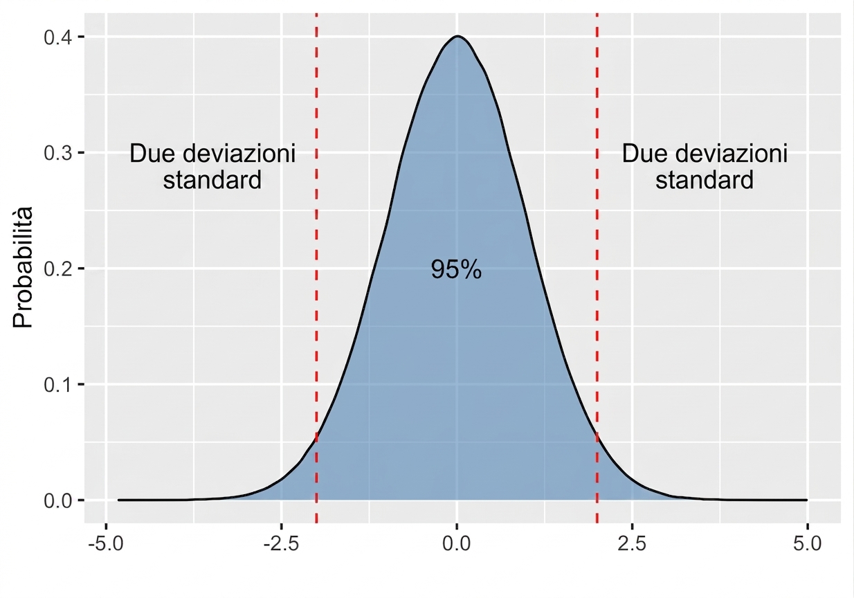 Distribuzione normale con l’area tra più/meno due deviazioni standard etichettata come 95 percento.png