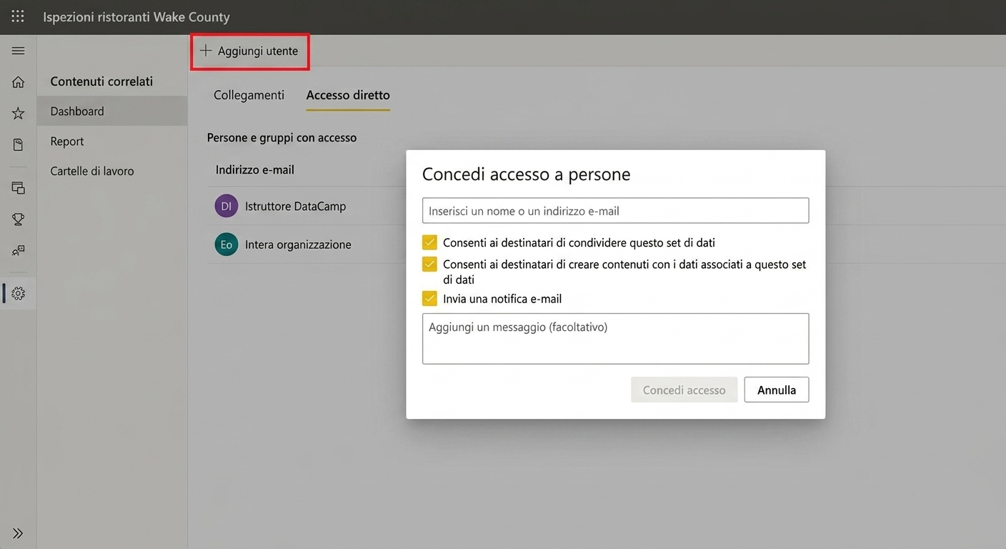 Aggiunta di autorizzazioni al dataset per un utente o gruppo.