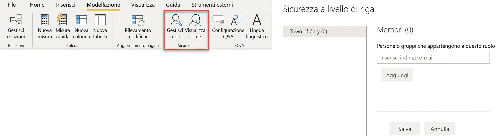 Power BI Desktop consente di definire ruoli per la sicurezza a livello di riga e Power BI Service di assegnare utenti e gruppi ai ruoli.
