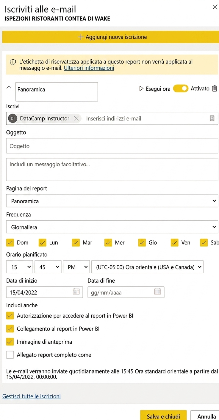 Esempio di creazione di una sottoscrizione a un report