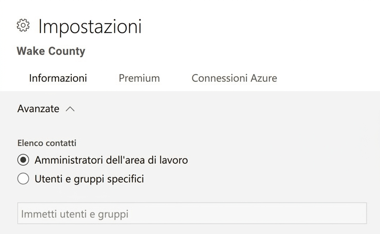 Un set di contatti per un’area di lavoro Power BI