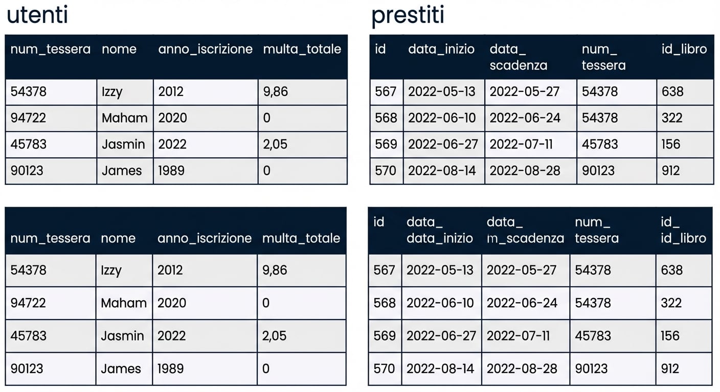 la tabella patrons e la tabella checkouts del database della biblioteca