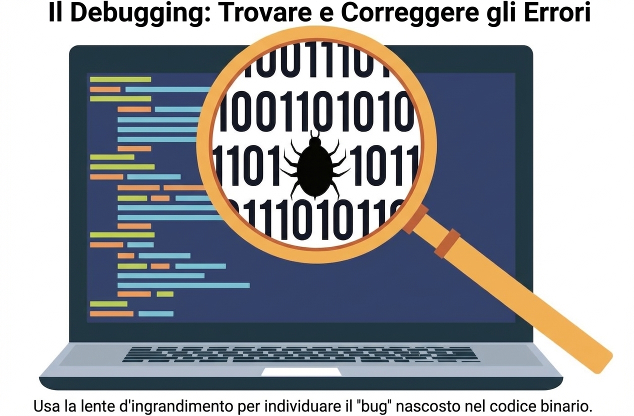 Immagine digitale di un laptop e una lente d'ingrandimento che evidenzia un bug nel codice