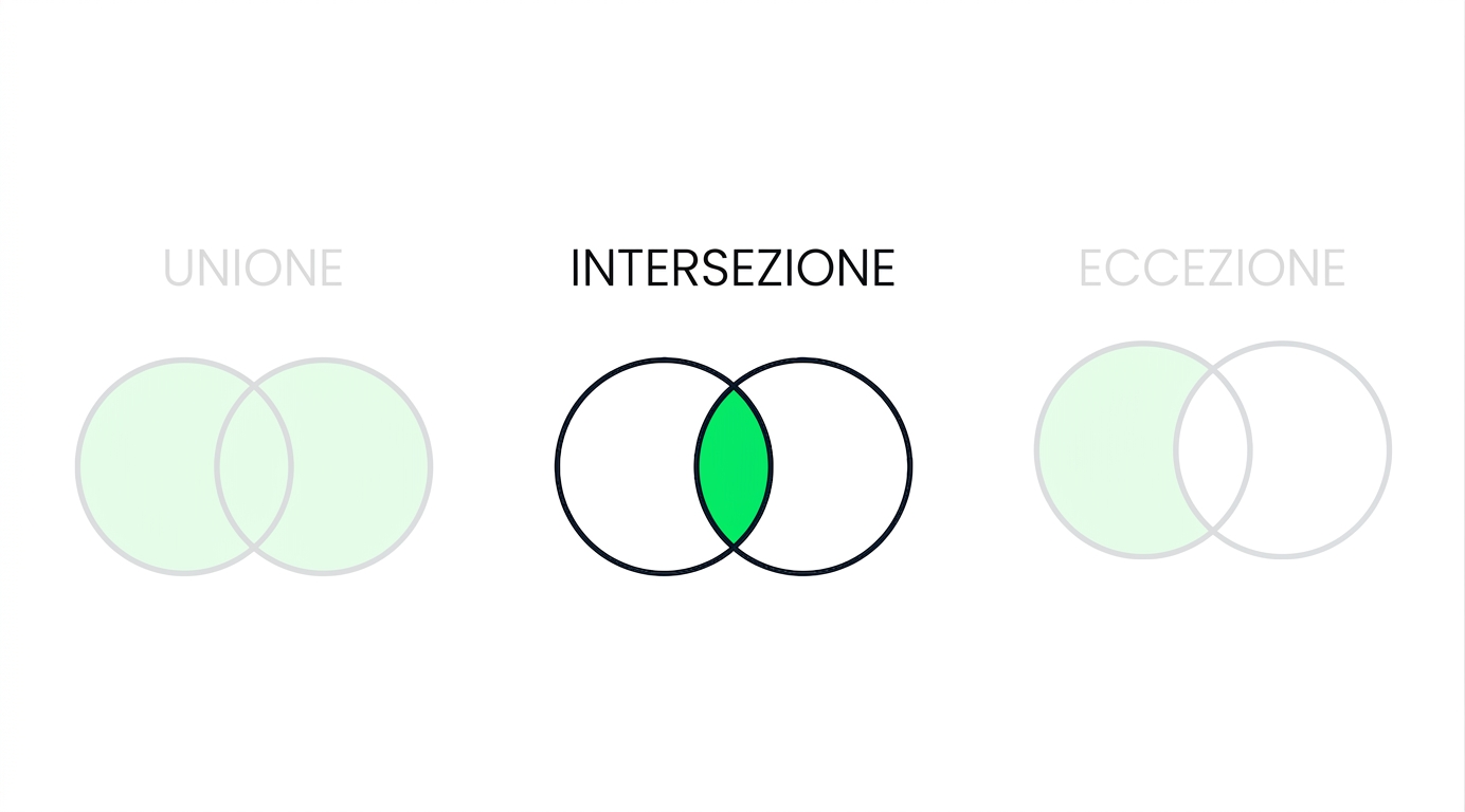 Un'immagine con tre diagrammi di Venn, due sbiaditi. Solo il diagramma con INTERSECT è a fuoco. Ha due cerchi sovrapposti, e solo la parte in comune è colorata di verde.