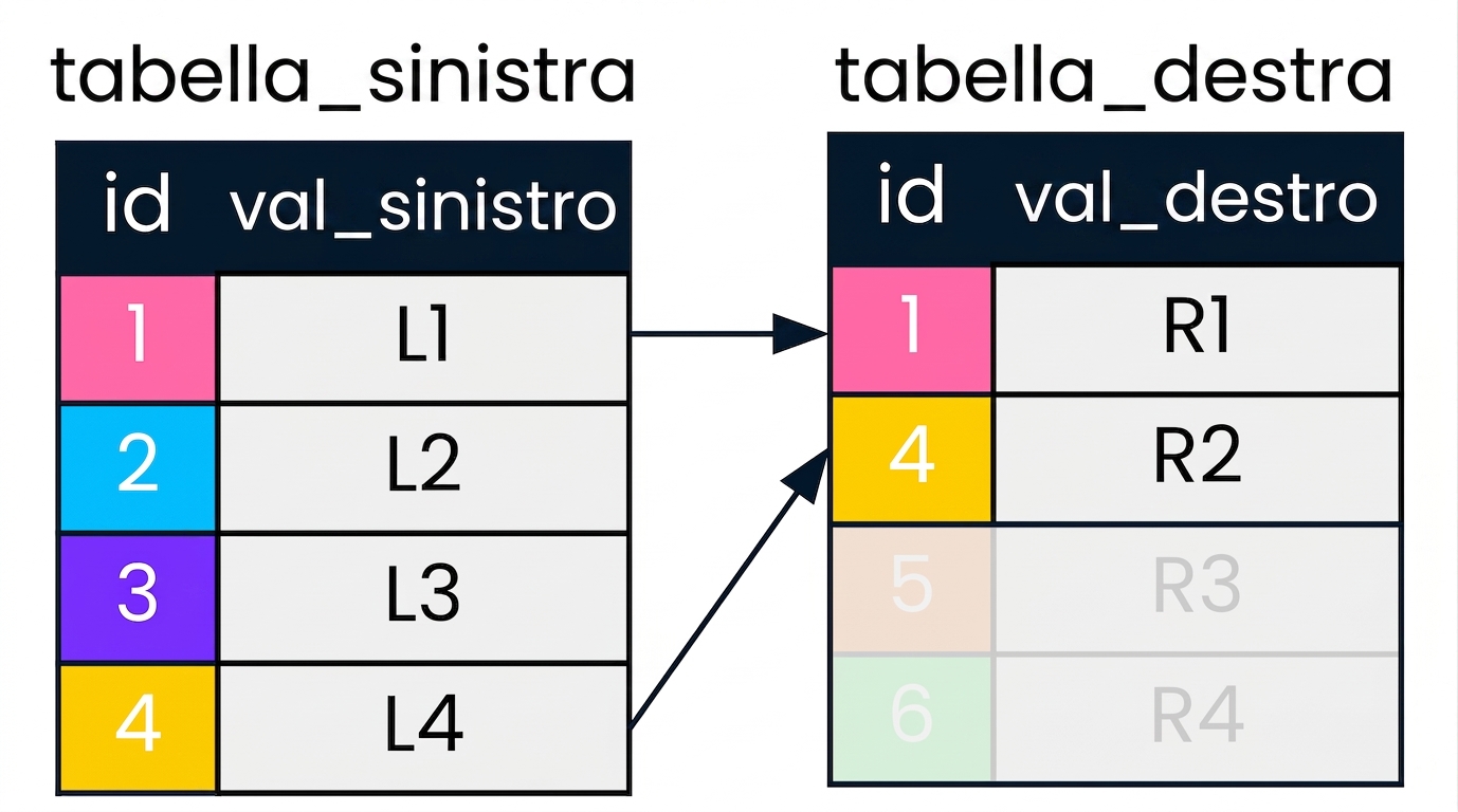 Diagramma con due tabelle, left table e right table, con frecce che indicano i record che corrispondono nella colonna id in entrambe. I record non rilevanti per il left join sono in grigio.