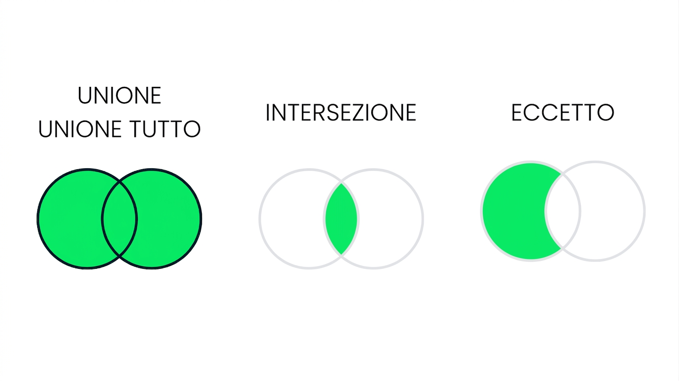 Un’immagine con tre diagrammi di Venn, due sfocati. Solo il diagramma UNION è a fuoco. I due cerchi sovrapposti sono completamente verdi.