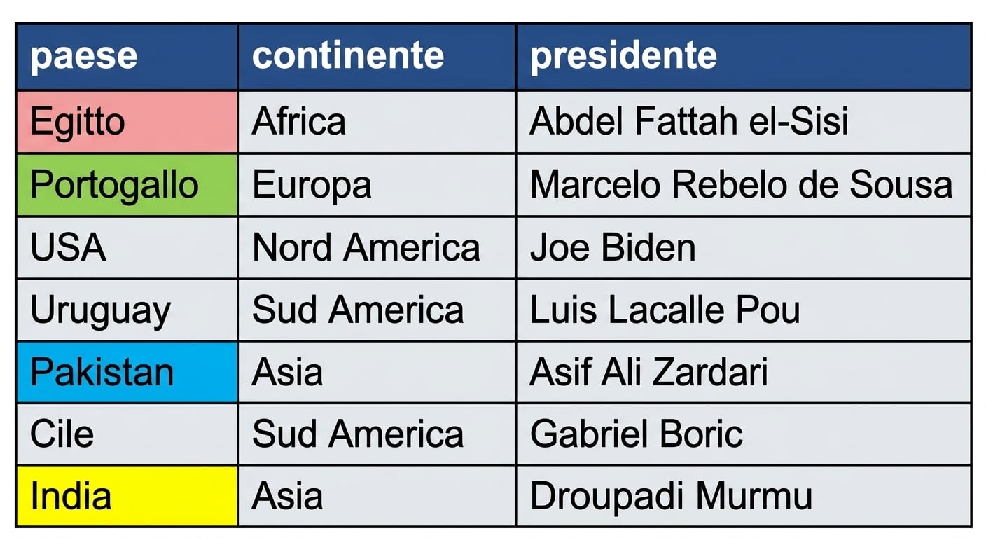 Due tabelle affiancate: presidents e prime_minister. Le colonne corrispondenti sono evidenziate in entrambe.