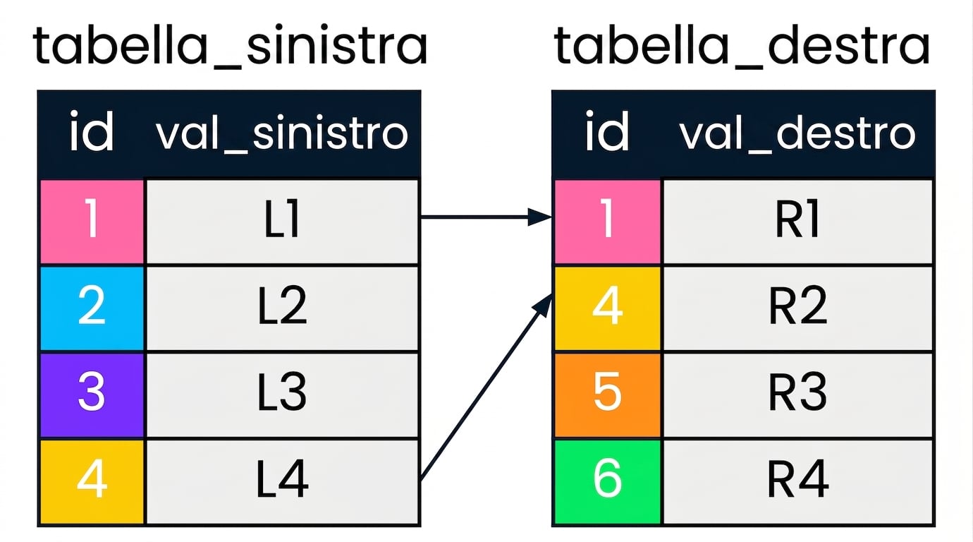 Uno schema con due tabelle: left_table e right_table. Gli id corrispondenti nelle due tabelle hanno gli stessi colori e sono collegati da frecce.