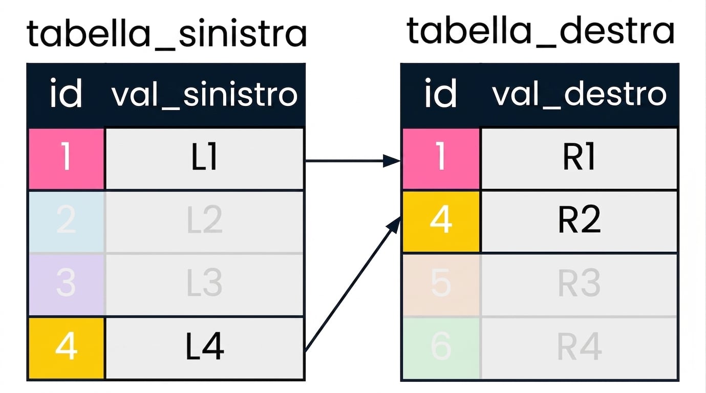 Uno schema con due tabelle: left_table e right_table. I record fuori dall'interesse di INNER JOIN sono attenuati.