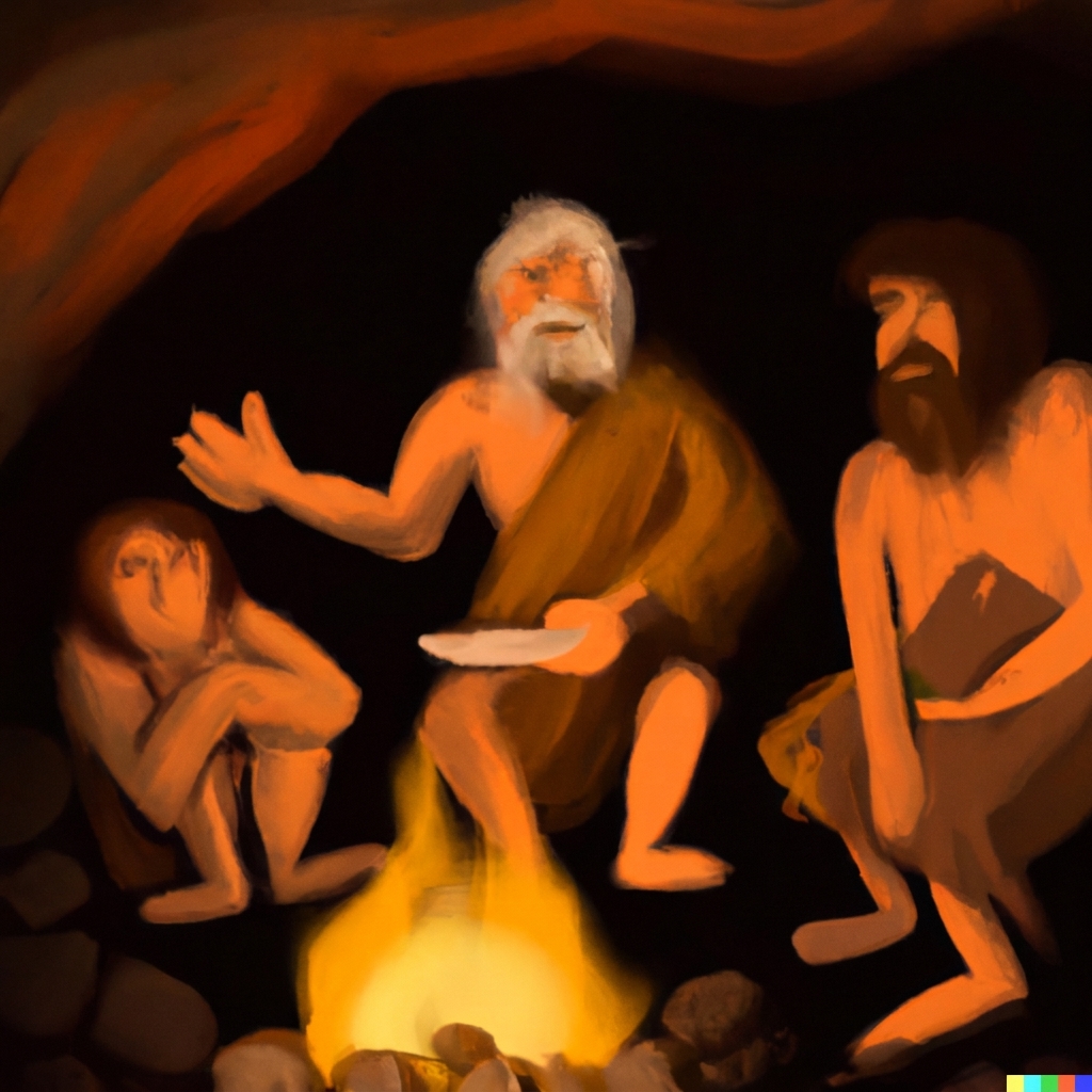 Uomini delle caverne attorno al fuoco che raccontano storie
