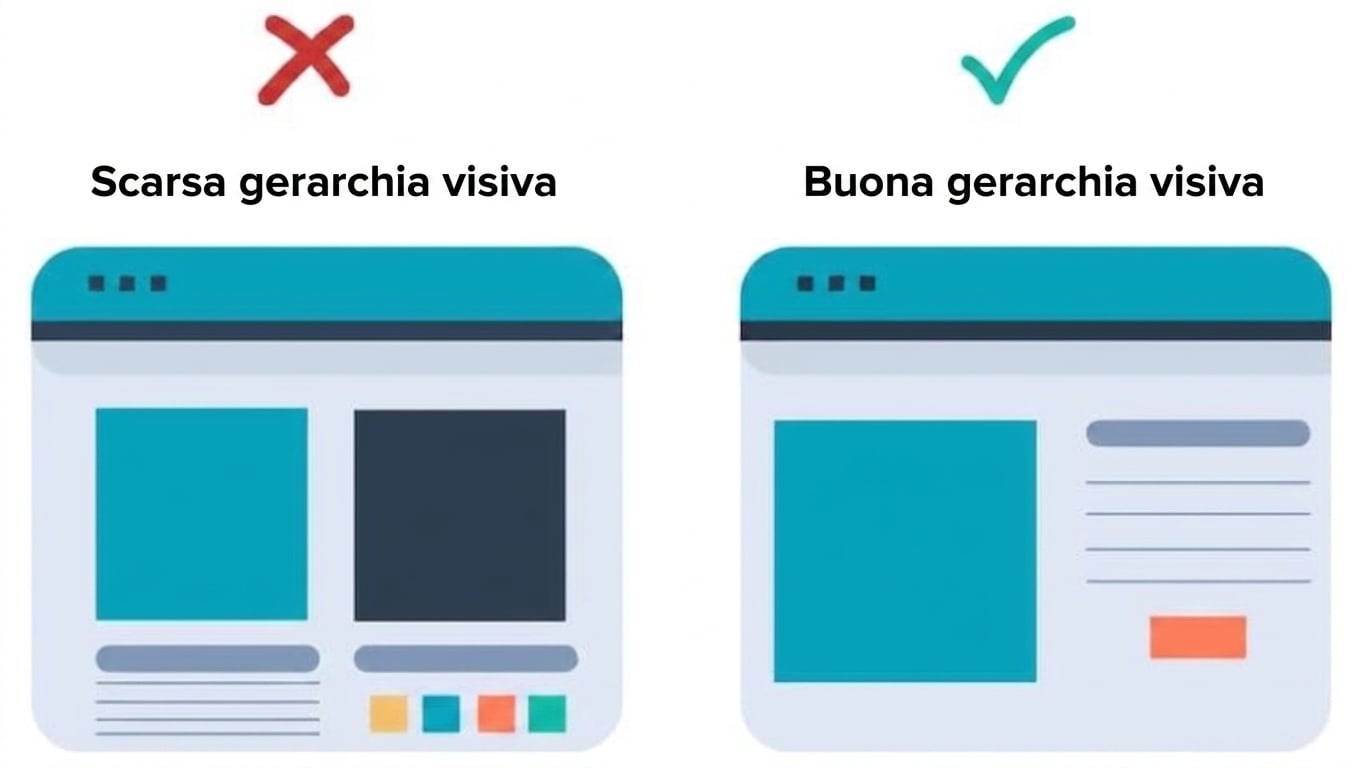 una gerarchia visiva scarsa mostra un sito pieno di elementi senza priorità; una buona gerarchia usa tonalità, dimensione e posizione per favorire la comprensione