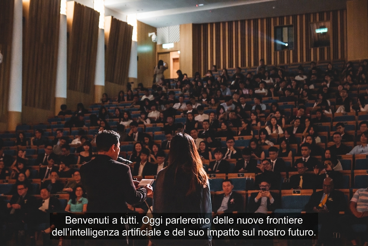 Due persone parlano su un palco davanti a un’aula magna piena di centinaia di persone