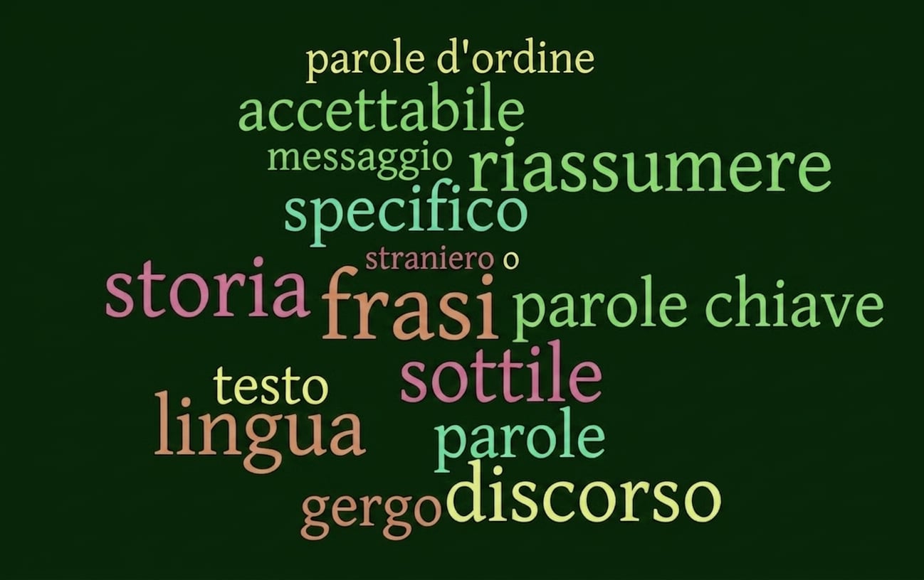 la nuvola di parole mostra i termini pronunciati dal narratore in vari colori e diapositive