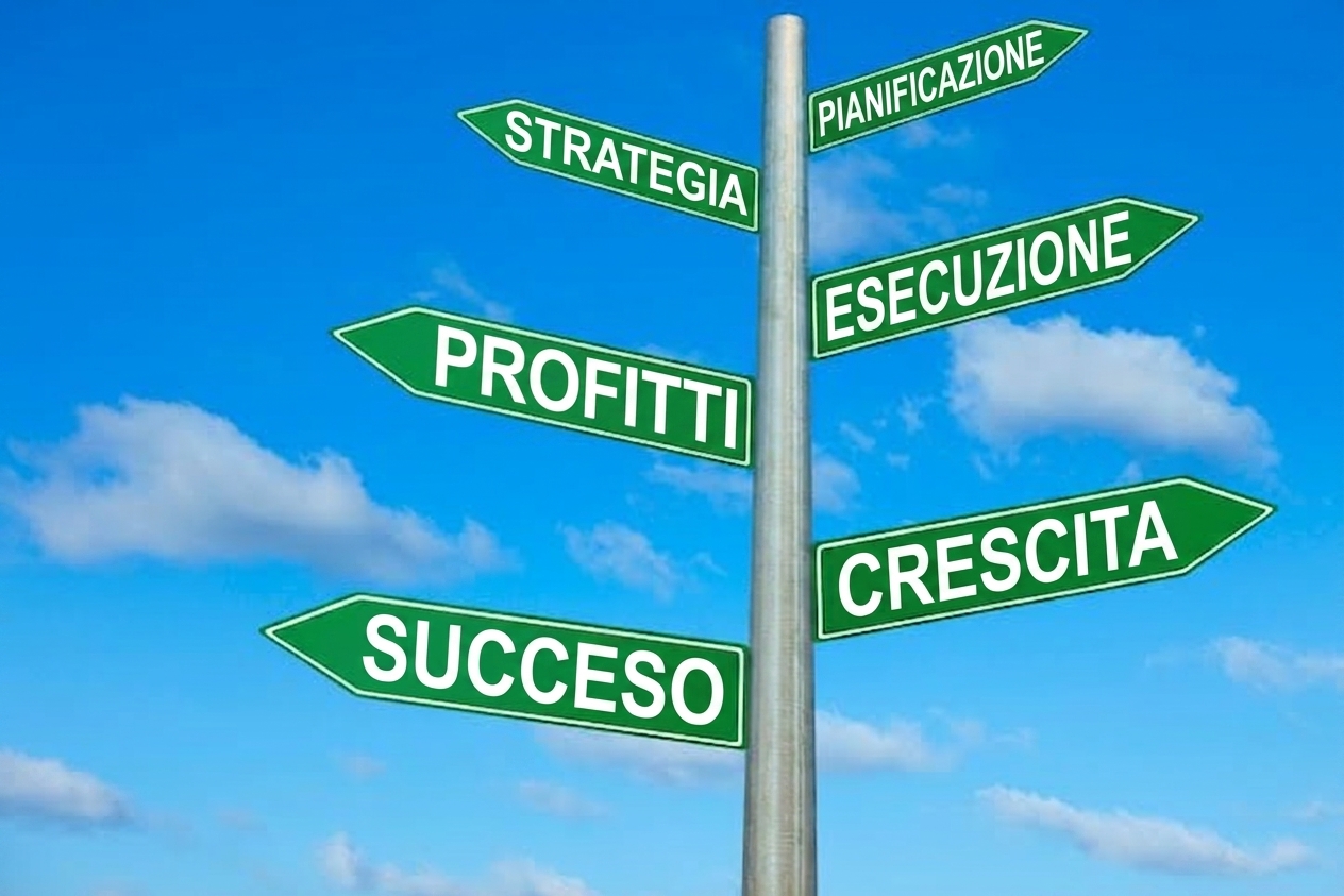 Cartelli con scritto planning, strategy, execution, profits, growth e success
