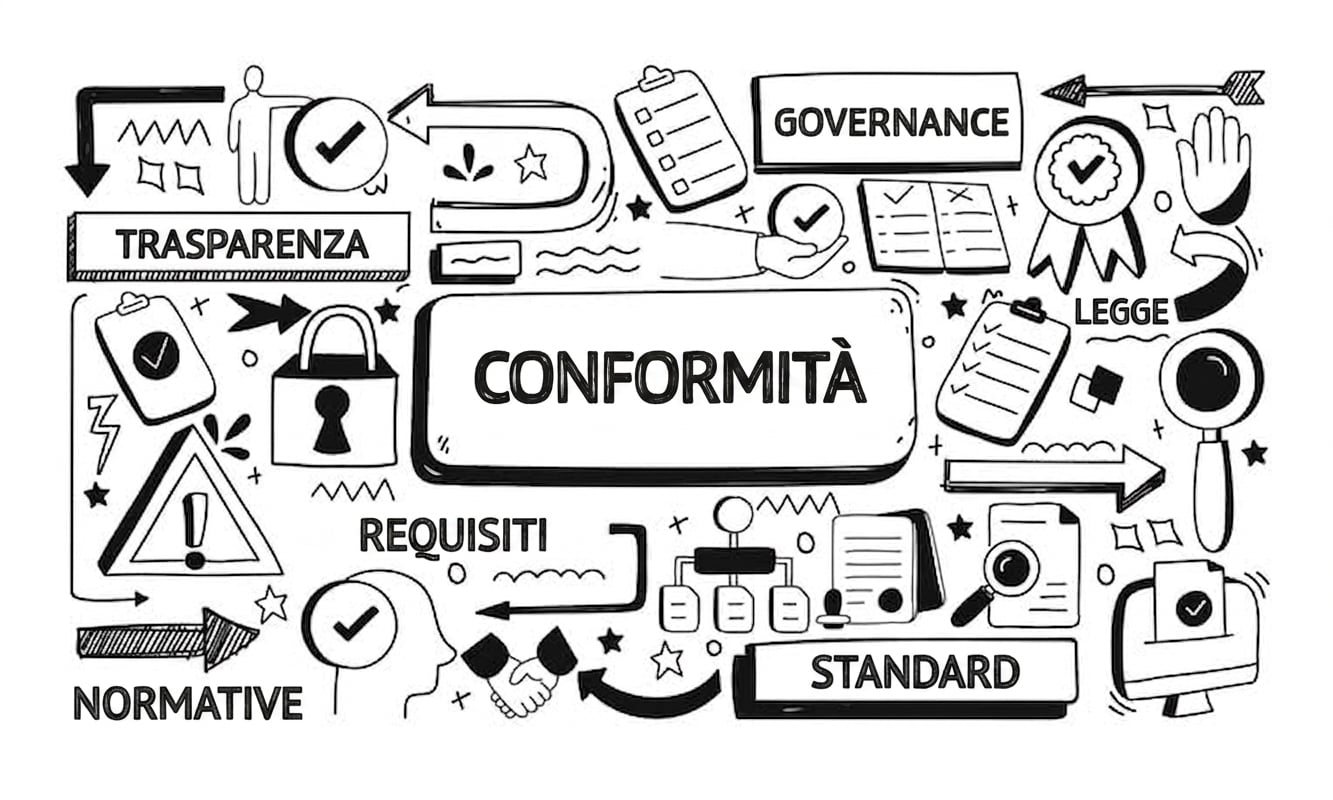 Immagine con la parola compliance circondata da oggetti e parole come governance, requisiti e regolamenti