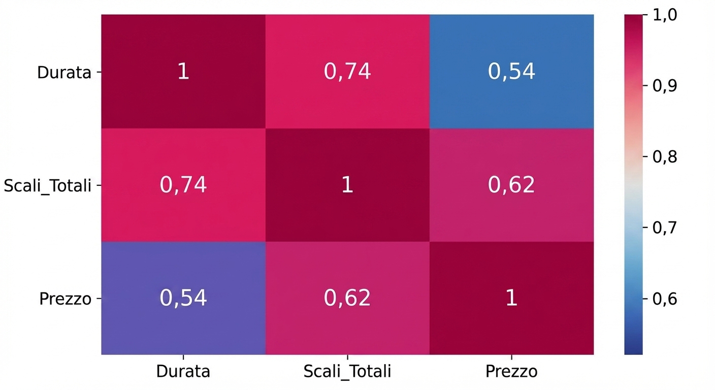 Heatmap che mostra correlazione di Pearson 0.62 tra Price e Total Stops e 0.74 tra Duration e Total Stops