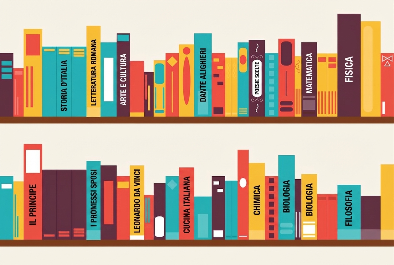 grafica di molti libri su uno scaffale
