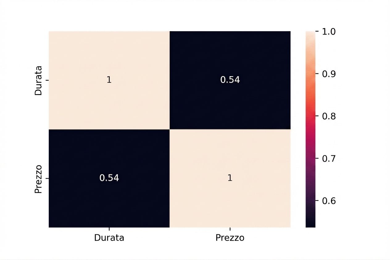 Heatmap che mostra coefficiente di correlazione di Pearson 0.54 tra Price e Duration