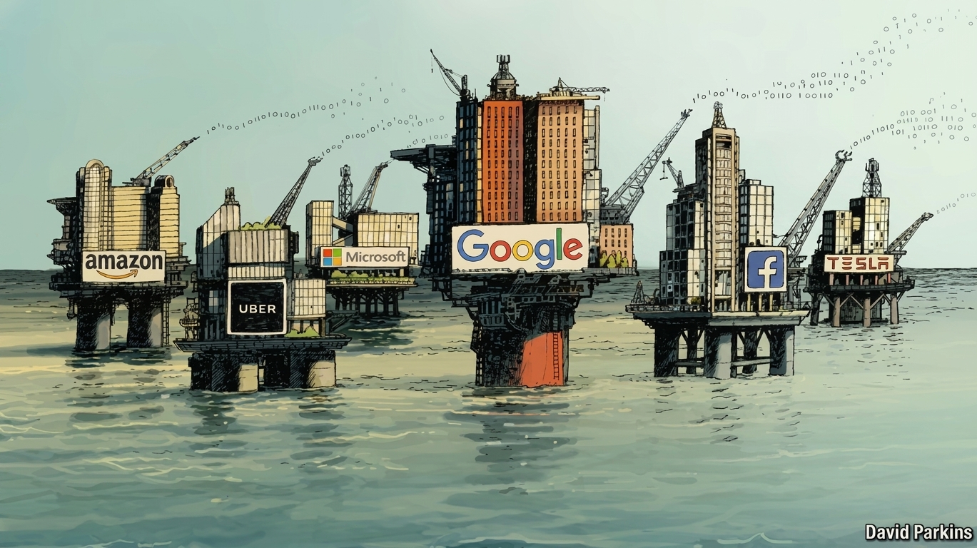 Immagine della rivista Economist che rappresenta l'affermazione secondo cui i dati sono il nuovo petrolio con i loghi di importanti aziende tecnologiche attaccati a strutture simili a piattaforme petrolifere