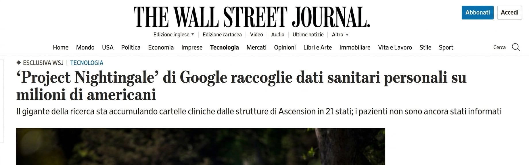 Screenshot del servizio di WSJ sul Project Nightingale di Google