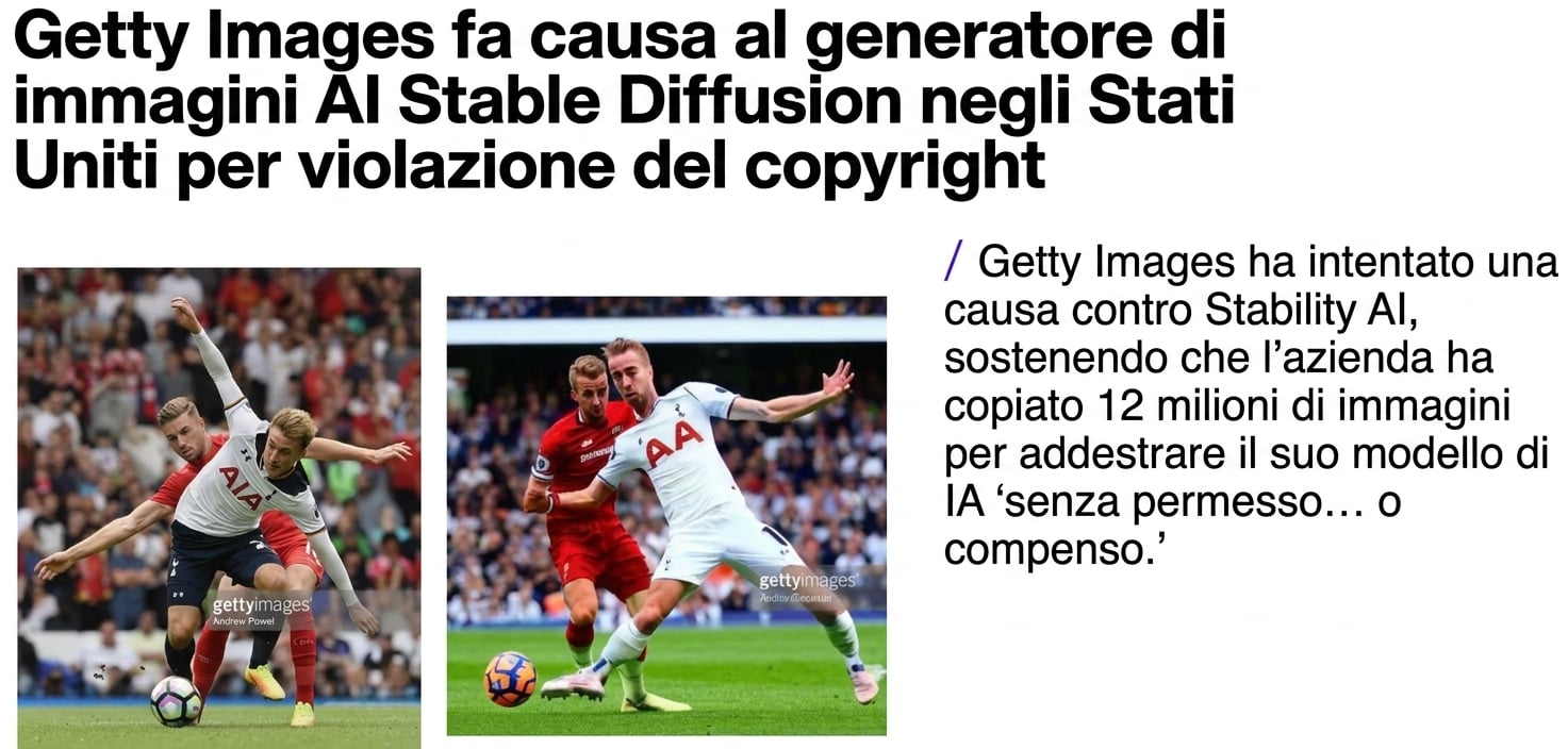 Un'immagine tratta dalla causa intentata da Getty Images, che mostra una fotografia originale e un'immagine simile (completa di watermark Getty Images) generata da Stable Diffusion. Immagine: Getty Images