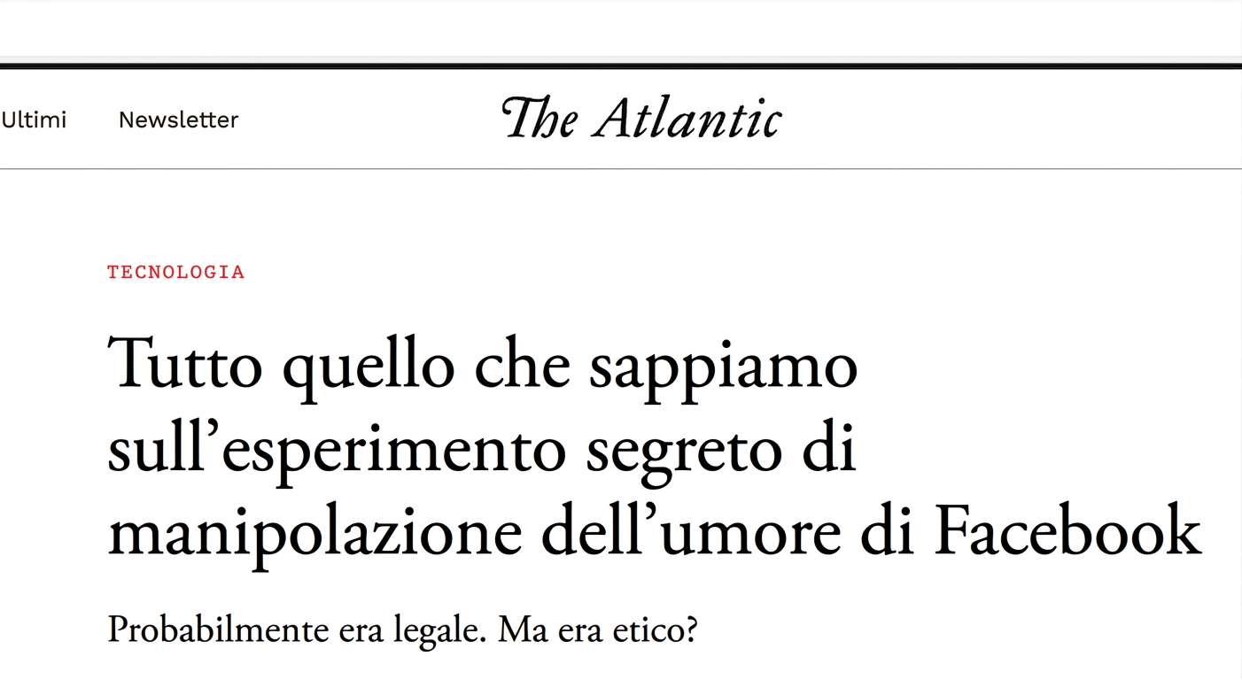 Screenshot di un articolo online dell'Atlantic sull'esperimento sociale manipolativo di Facebook.
