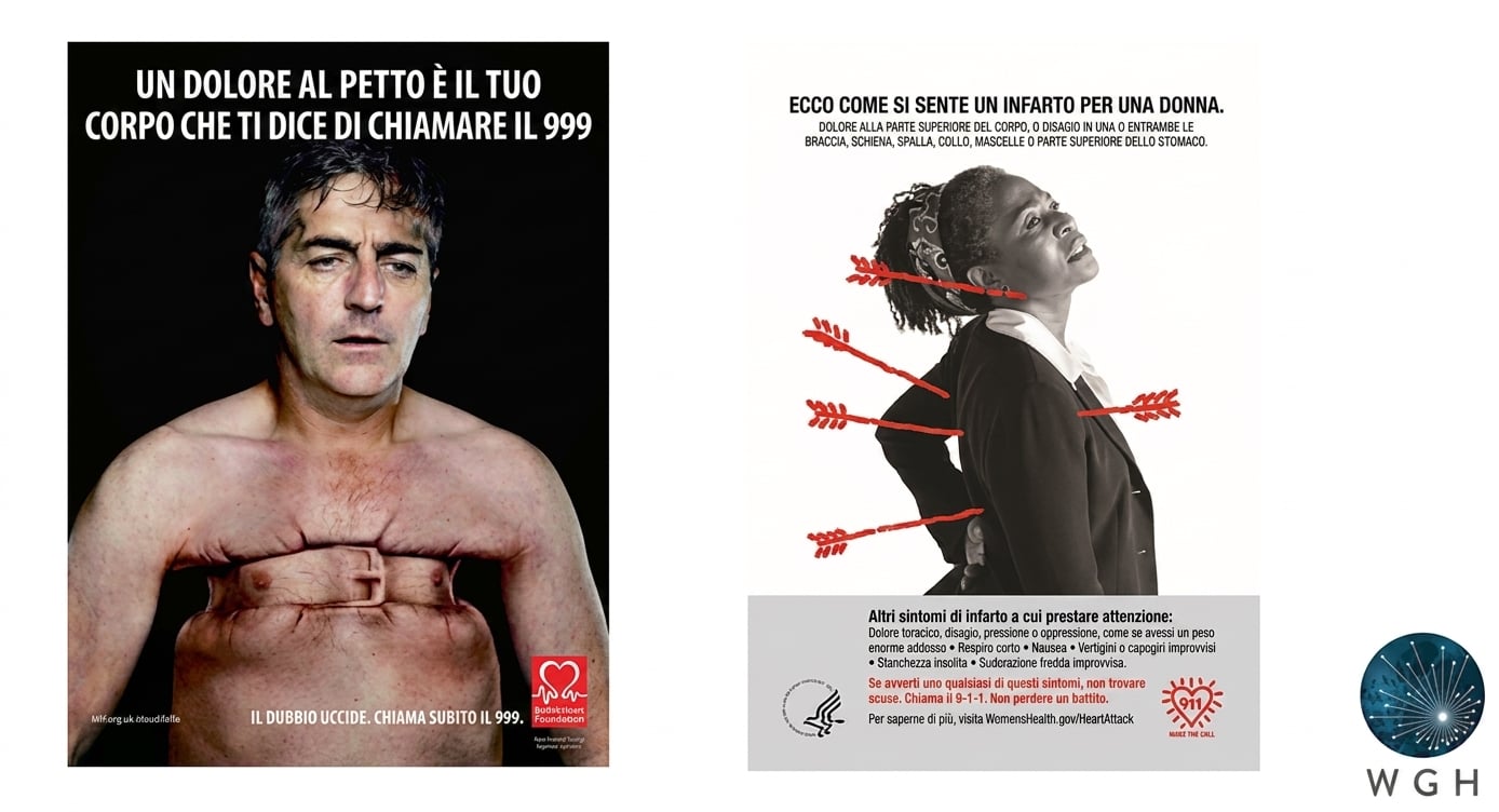 Immagine dei diversi sintomi di un attacco cardiaco per un uomo con costrizione toracica e una donna con dolore alla schiena.