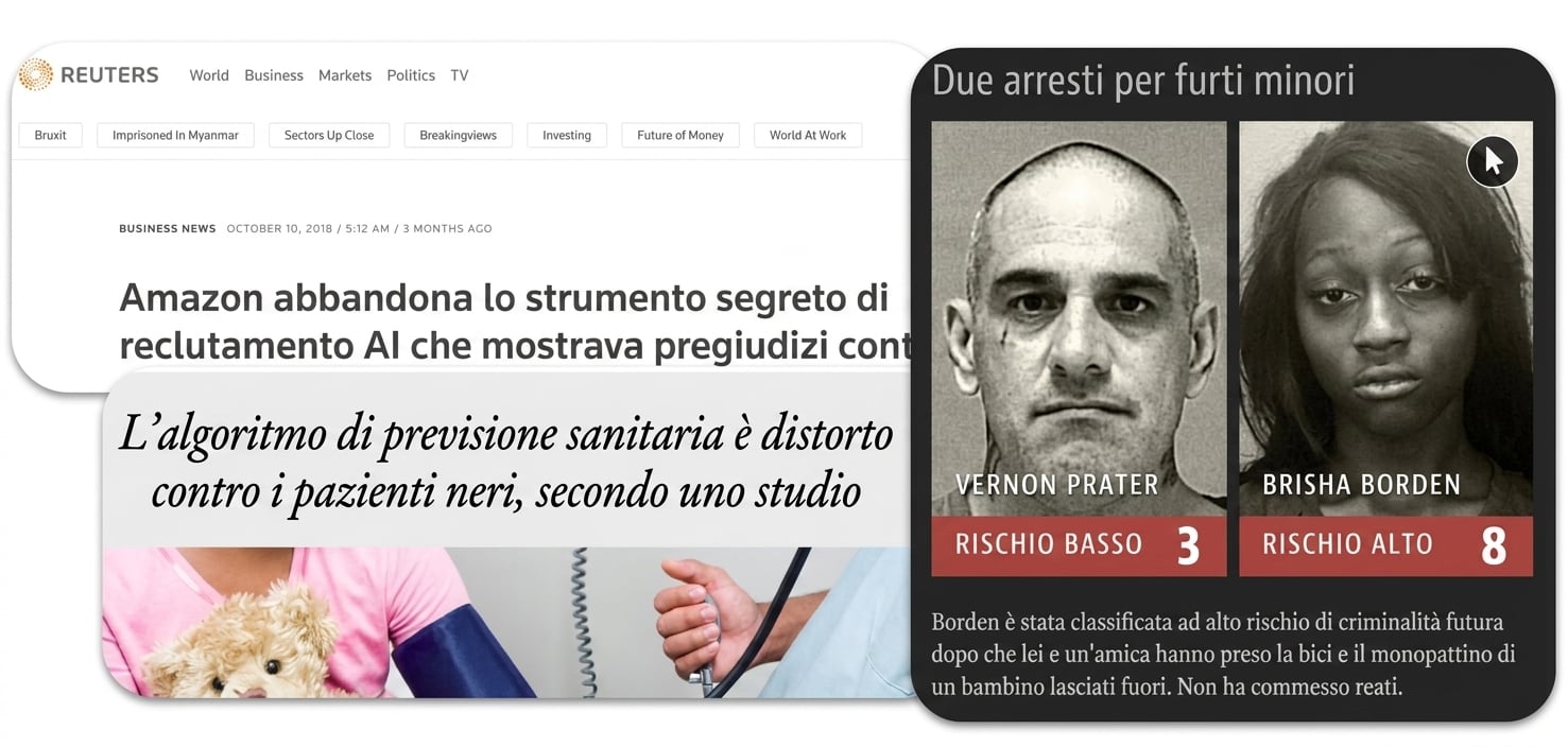 Un collage di screenshot di notizie sulla discriminazione degli algoritmi di intelligenza artificiale