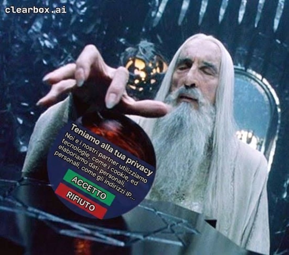 Meme di Saruman che cerca di guardare nella sua sfera di cristallo Palantir, bloccata da una richiesta di consenso.