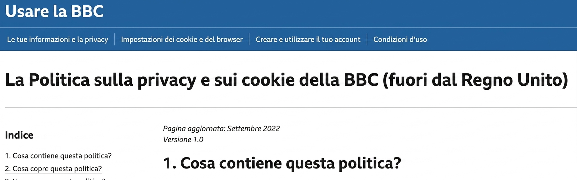 Screenshot della Politica sulla privacy della BBC.