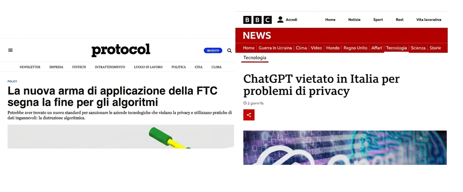 Screenshot di notizie che mostrano la FTC americana e le autorità italiane penalizzare le aziende per pratiche lassiste sui dati.