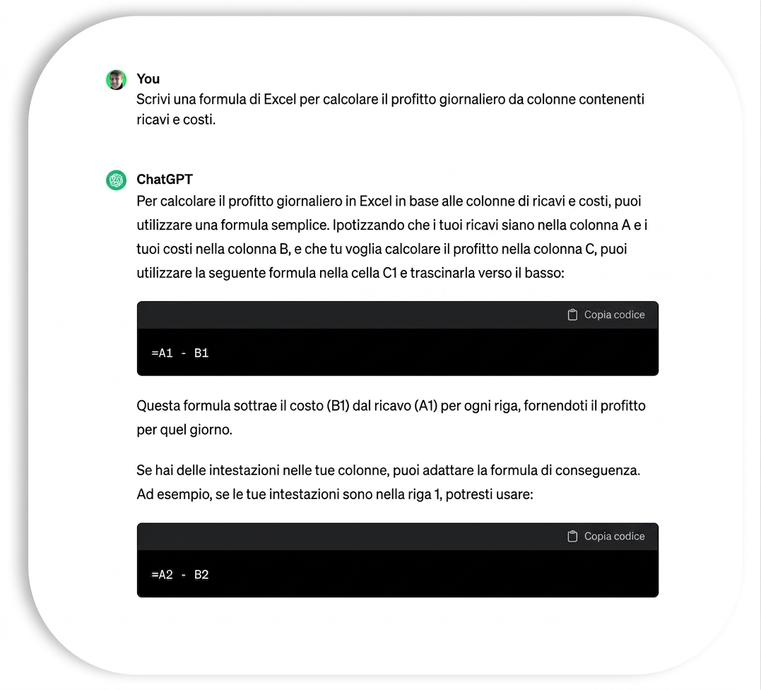 Esempio di ChatGPT che genera codice Python per caricare un foglio Excel.