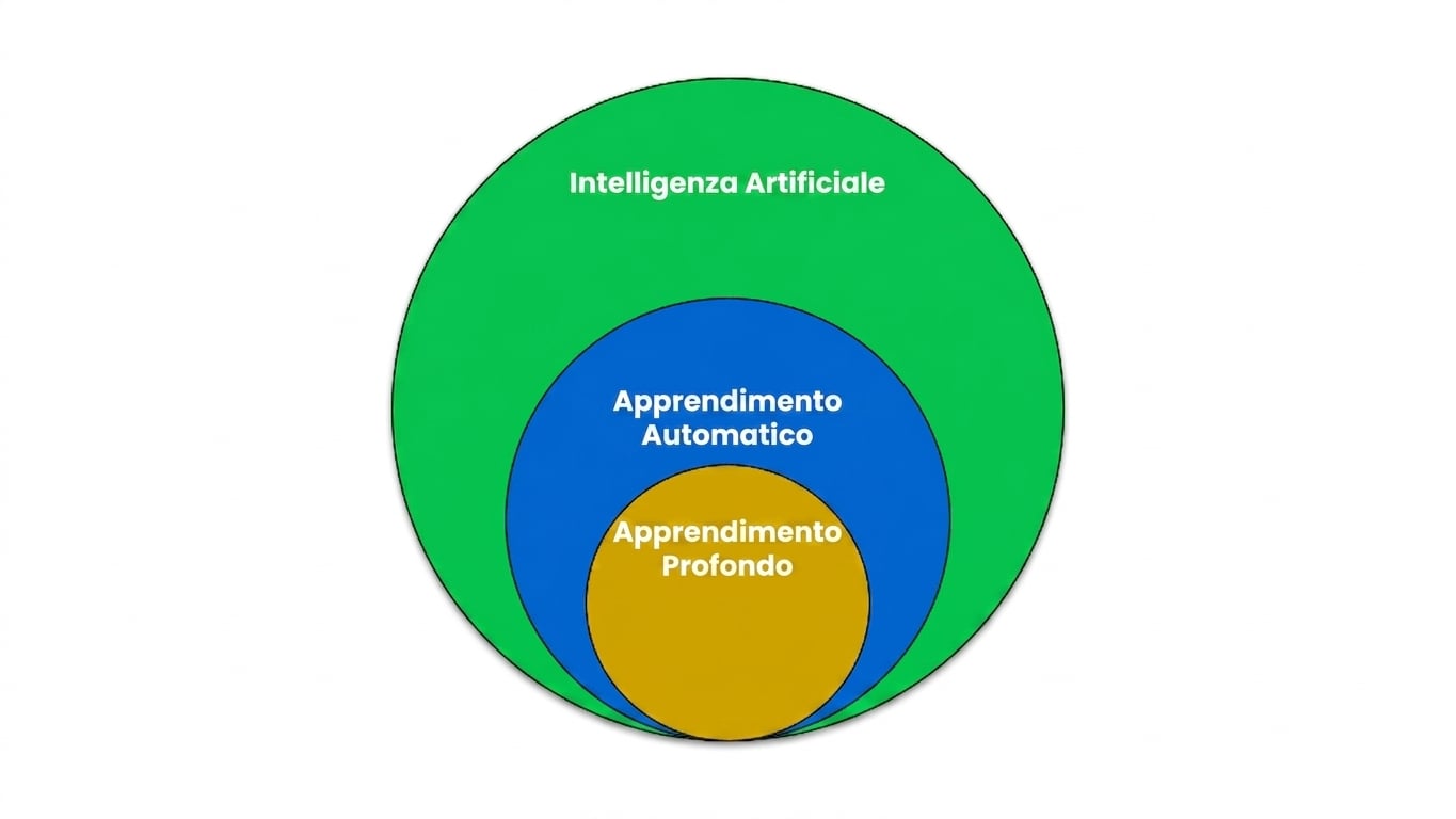 Un diagramma di Venn che mostra il Machine Learning come sottoinsieme dell’IA e il Deep Learning come sottoinsieme del Machine Learning.