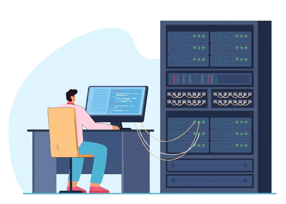 Uomo che lavora al computer collegato a un grande server