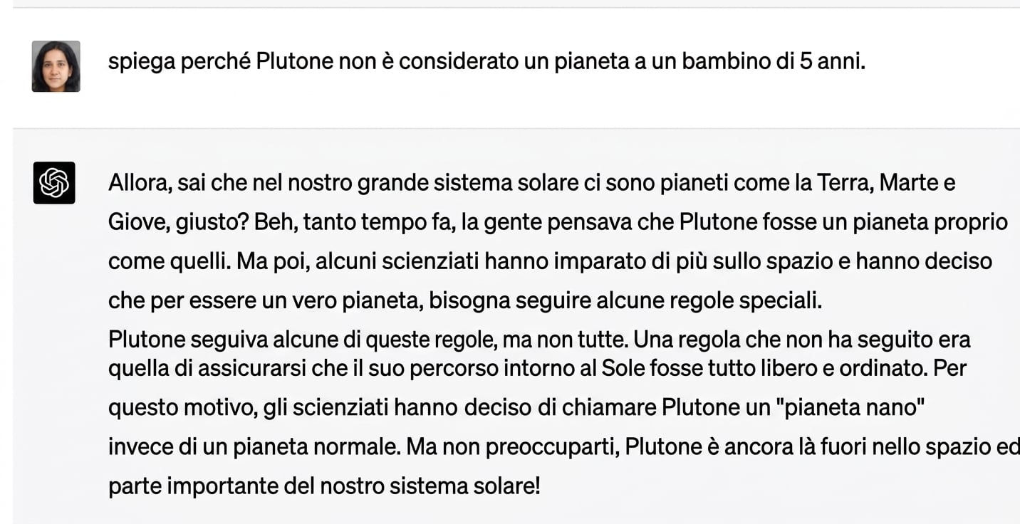 Una chat di esempio che spiega a un bimbo di 5 anni perché Plutone non fa parte del sistema solare.