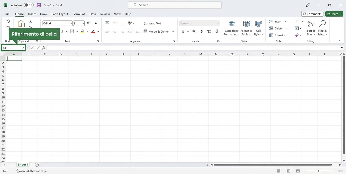 File Excel che evidenzia il riferimento di cella