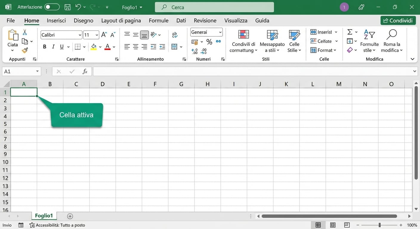 File Excel che evidenzia la cella attiva